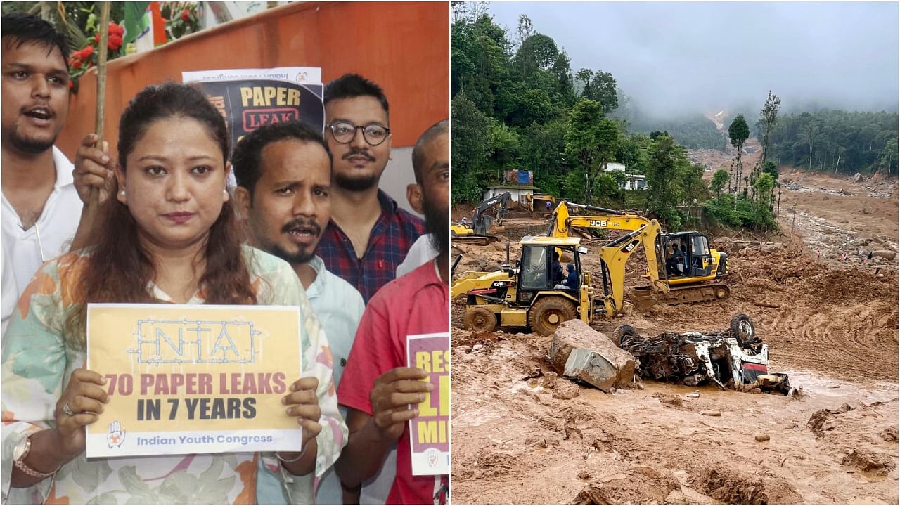 <div class="paragraphs"><p>A protest in Assam against NEET and NTA (L) and the site of the Wayanad landslide in Kerala.</p></div>